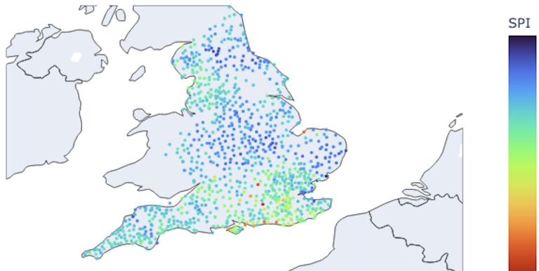 Seasonal climate standardised precipitation index or total accumulation of precipitation mapped for the United Kingdom, Environment Agency rain gauge API